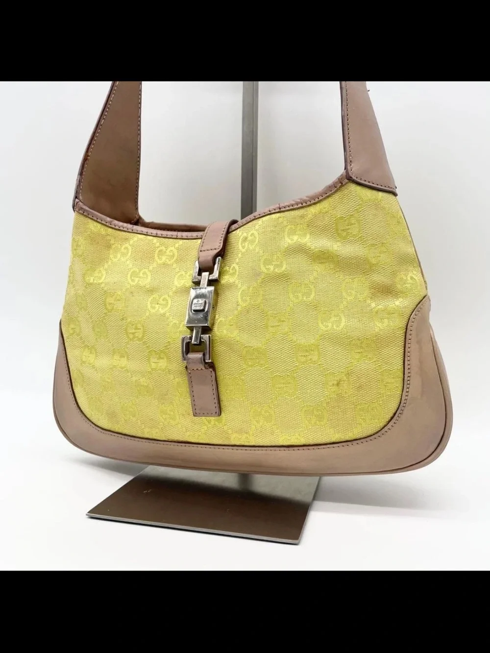 Gucci Yellow GG Canvas Shoulder Bag with Taupe Leather Trim and Silver Hardware